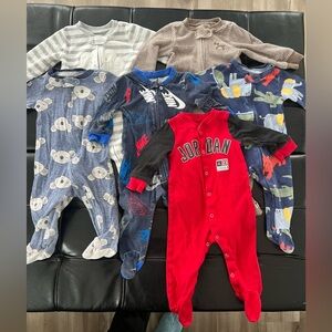 6 Baby Onesies in Red, Blue, and Gray; all 9 months